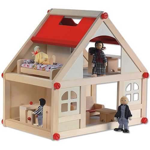 Poppenhuis schroef klein; incl meubels en 4 buigpoppen