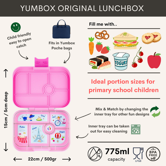 Yumbox Original - lekvrije Bento box lunchbox - 6 vakken - Fifi Pink / Paris tray