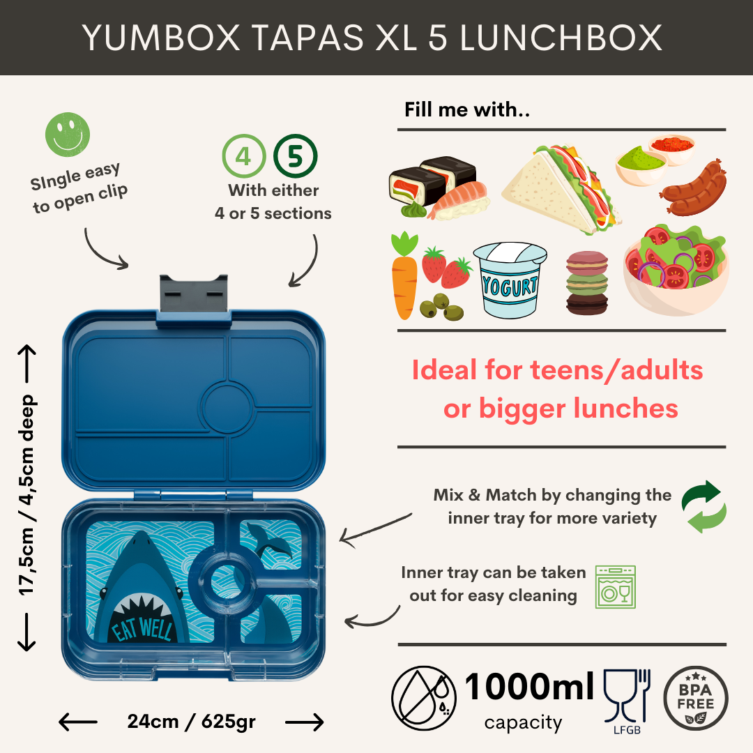 Yumbox Tapas XL - lekvrije Bento box lunchbox - 4 vakken - Monte Carlo Blue / Shark tray