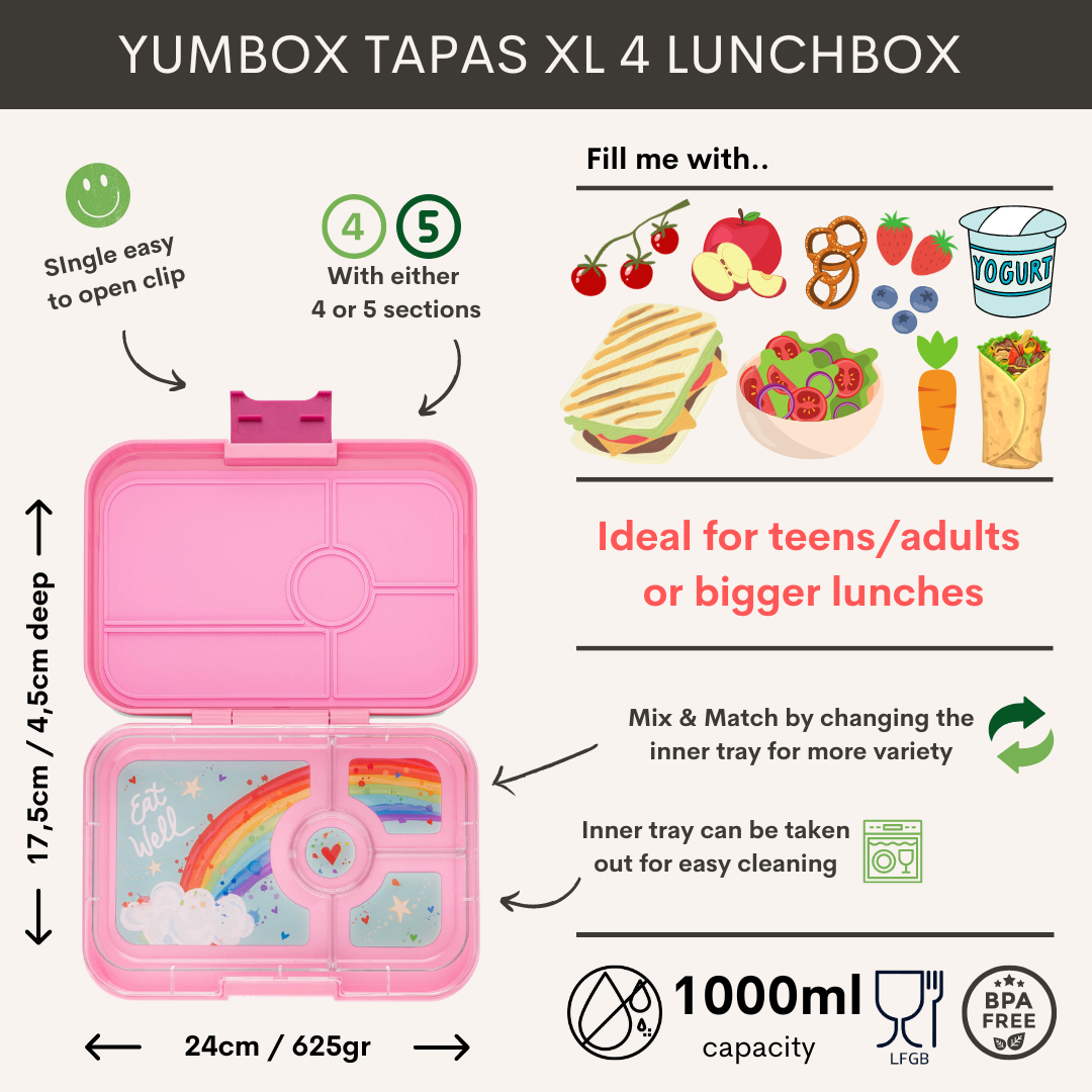 Yumbox Tapas XL - lekvrije Bento box lunchbox - 4 vakken - Capri Pink / Rainbow tray