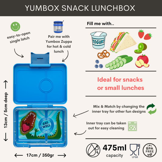 Yumbox Snack - lekvrije Bento box lunchbox - 3 vakken - Surf Blue / Dinosaur tray