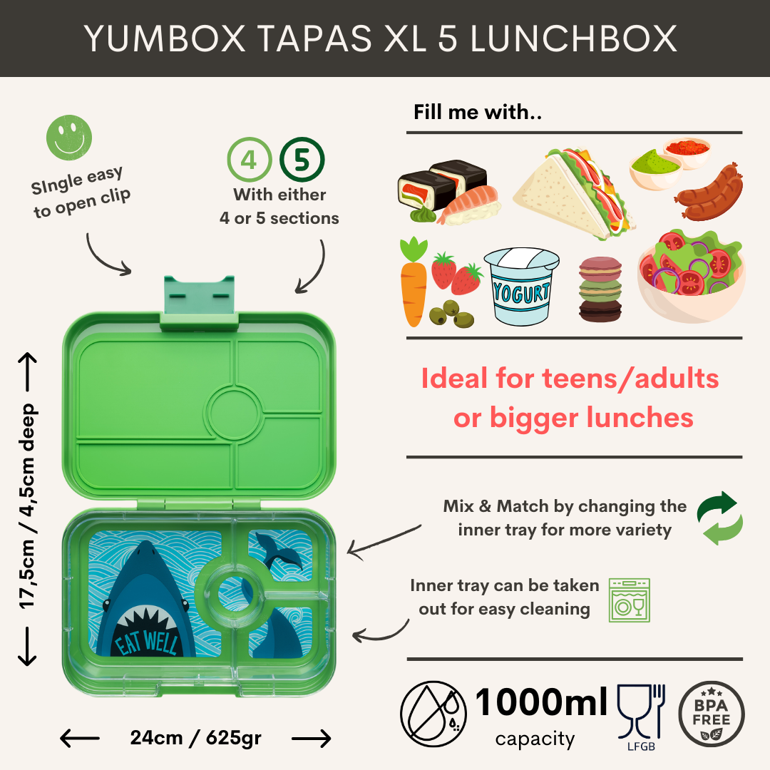 Yumbox Tapas XL - lekvrije Bento box lunchbox - 4 vakken - Jurassic Green / Shark tray