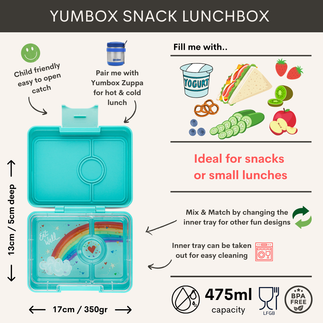 Yumbox Snack - lekvrije Bento box lunchbox - 3 vakken - Misty Aqua / Rainbow tray