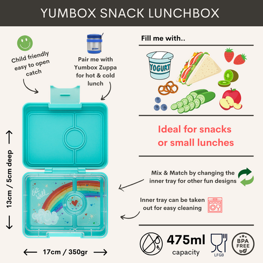 Yumbox Snack - lekvrije Bento box lunchbox - 3 vakken - Misty Aqua / Rainbow tray