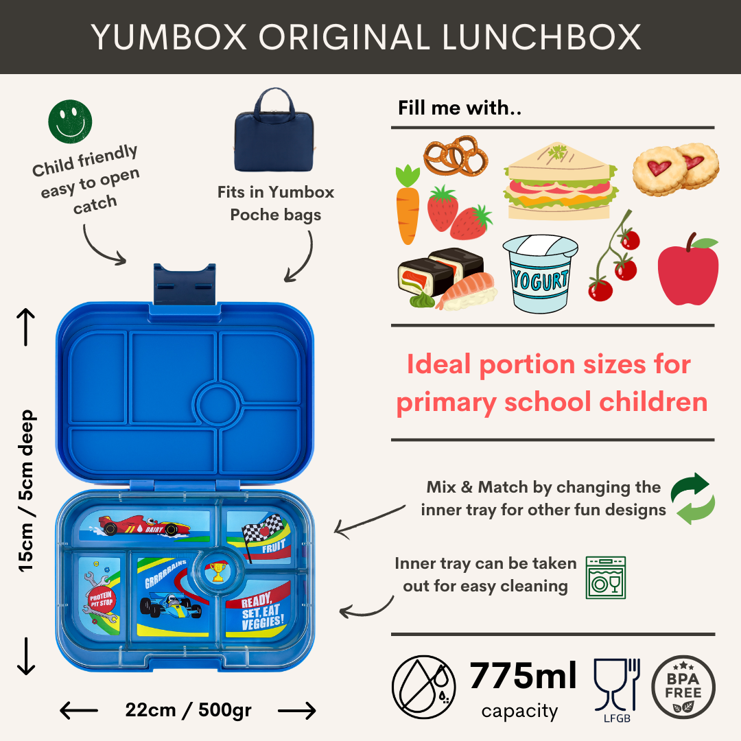 Yumbox Original - lekvrije Bento box lunchbox - 6 vakken - Surf Blue / Race Cars tray