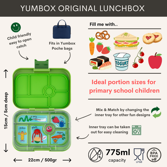 Yumbox Original - lekvrije Bento box lunchbox - 6 vakken - Matcha Green / Funny Monsters tray