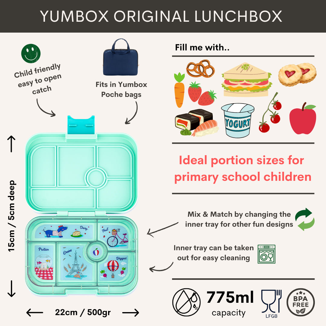 Yumbox Original - lekvrije Bento box lunchbox - 6 vakken - Serene Aqua / Paris tray