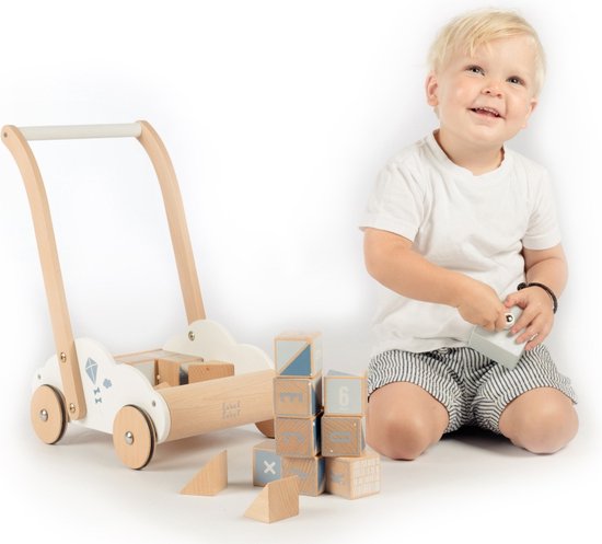 Label Label – Houten Loopwagen met Blokken blauw Kids Plus