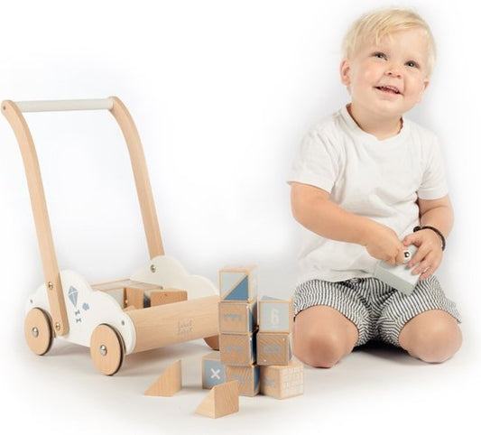 Label Label – Houten Loopwagen met Blokken blauw Kids Plus